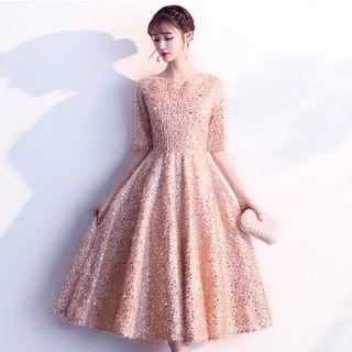 Elbow Sleeve Fringed Sequined Prom Dress