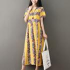 Short-sleeve Flower Print A-line Midi Dress
