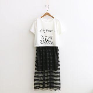 Printed Short Sleeve Striped Mesh Hem Midi Dress