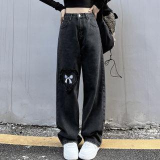 High Waist Bow Embroidered Loose Fit Jeans