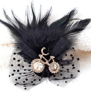 Rhinestone Bicycle Feather Brooch