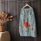 Floral Embroidery Denim Midi Skirt