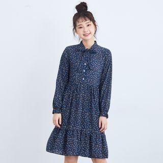 Long Sleeve Tie-neck Ruffled Hem Print Shirtdress