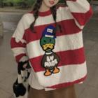 Cartoon Embroidered Striped Sweater Stripe - Red & White - One Size