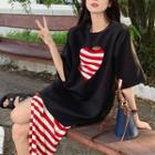 Short-sleeve Cut Out T-shirt / Spaghetti Strap Striped Midi Dress