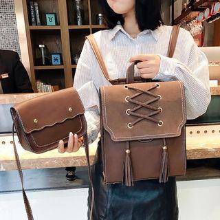 Set: Lace-up Faux Leather Backpack + Long Wallet