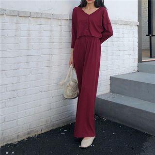 Set: V-neck Buttoned Jacket + High Waist Wide Leg Pants