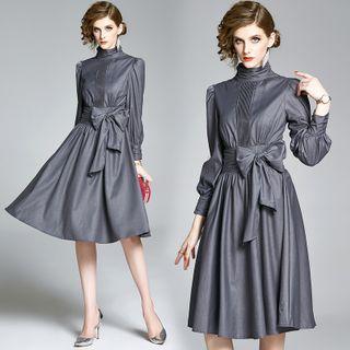 Puff-sleeve Tie-front Midi A-line Dress