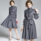 Puff-sleeve Tie-front Midi A-line Dress