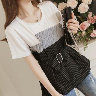 Striped Panel Belted Short-sleeve Top
