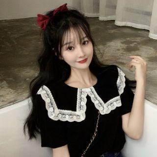 Lace Trim Peter Pan Collar Short-sleeve Blouse
