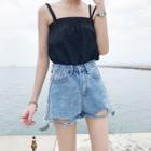 Lace Distressed Fringed Loose-fit Denim Shorts