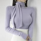 Long-sleeve Turtleneck Tie-neck Fitted Top