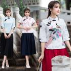 3/4-sleeve Traditional Chinese Floral-print Top