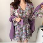 Flower Print Long-sleeve Mini A-line Dress Multicolor - One Size