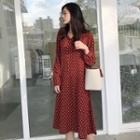 Long-sleeve Dotted A-line Midi Dress Red - One Size