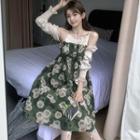 Mock Two-piece Cold-shoulder Floral Print Midi A-line Dress