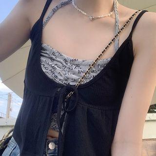 Set: Cropped Camisole Top + Halter Top Set Of 2 - Camisole Top & Halter Top - Black & Gray - One Size