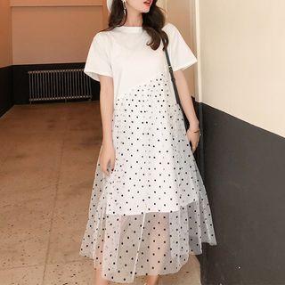 Short-sleeve Midi Dotted Mesh Dress