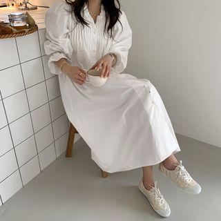 Lace-neck Pintuck Long Shirtdress Ivory - One Size