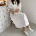 Lace-neck Pintuck Long Shirtdress Ivory - One Size