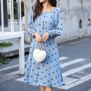 Square Neck Puff Sleeve Dotted Print A-line Dress