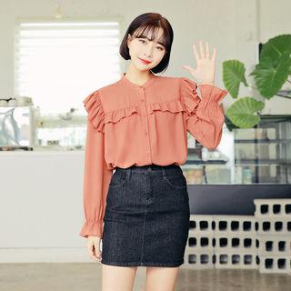 Mandarin-collar Frilled-detail Blouse