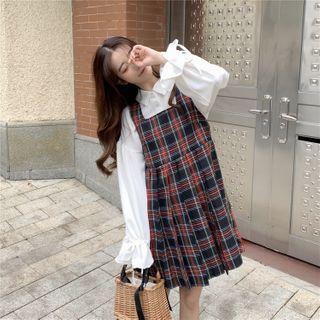 Lace-up Shirt / Plaid Pinafore Dress