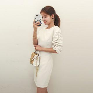 Shirred Elbow-sleeve Mini Sheath Dress