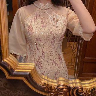 Mandarin Collar Sequin Mesh Panel Midi A-line Dress