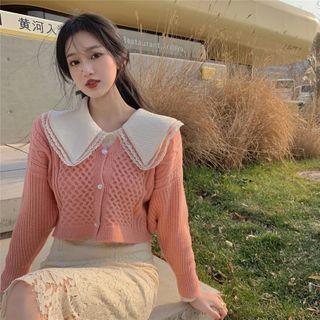 Lace Trim Doll-collar Blouse / Plain Cardigan