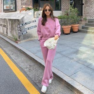 Set: Letter Embroidered Sweatshirt + Band-waist Pants