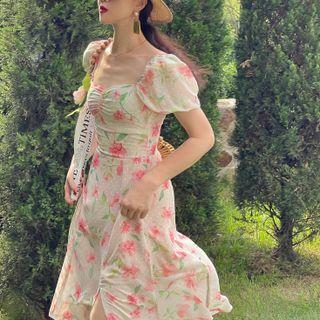 Short-sleeve Floral Print Midi Dress / Blouse