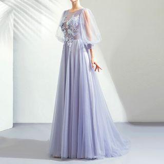 3/4-sleeve Floral Appliqued Evening Gown