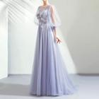 3/4-sleeve Floral Appliqued Evening Gown