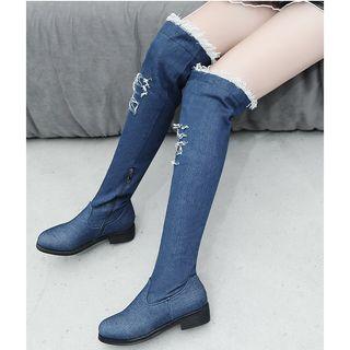 Distressed Side Zipper Over The Knee Boots