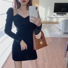 Mock Two-piece Long-sleeve Chain-accent Mini Bodycon Dress