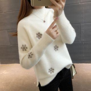 Snowflake Embroidered Mock-turtleneck Sweater