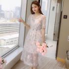 Set: Short-sleeve Embroidered Mesh Dress + Slipdress