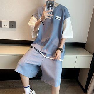 Set: Mock Two-piece Elbow-sleeve T-shirt + Sweatshorts