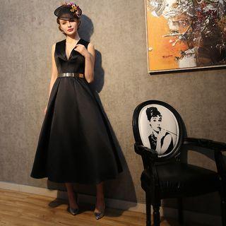 Sleeveless V-neck Midi Prom Dress With Belt