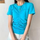 Short-sleeve Plain Ruched T-shirt Blue - One Size