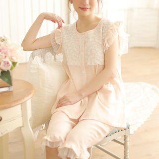 Loungewear Set: Mesh Panel Lace Trim Sleeveless Top + Capri Pants