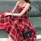 Plaid Spaghetti Strap A-line Dress / Button Jacket
