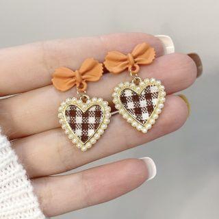 Bow Heart Plaid Faux Pearl Dangle Earring
