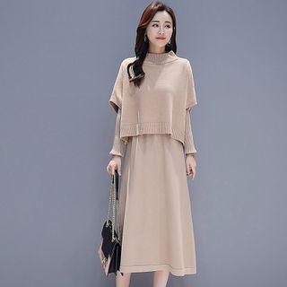 Set: Long-sleeve Knit Midi A-line Dress + Elbow-sleeve Sweater