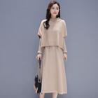 Set: Long-sleeve Knit Midi A-line Dress + Elbow-sleeve Sweater