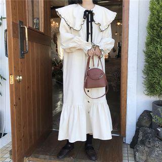 Long-sleeve Tie-neck Midi Shirtdress Almond - One Size