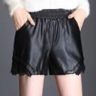 Lace Panel Faux Leather Wide-leg Shorts