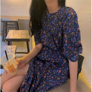 Puff-sleeve Slit Floral Print Maxi Dress As Shown In Figure - One Size